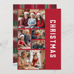Modern Elegant Red Five Photo Collage Christmas Holiday Card