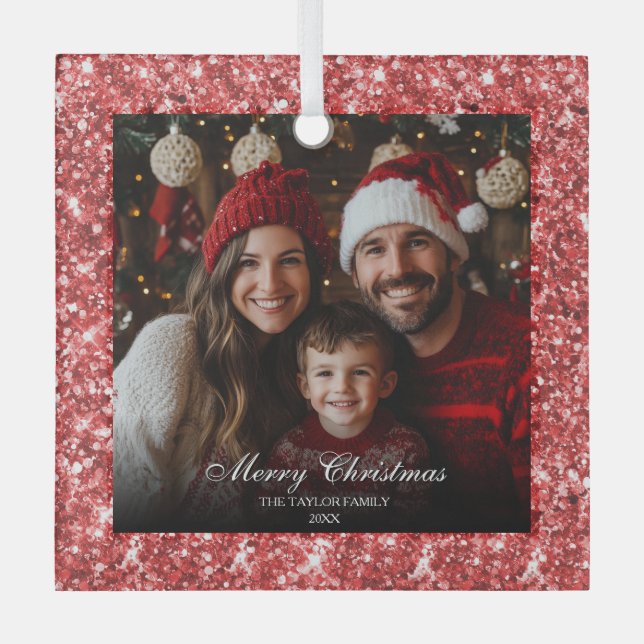 Modern Elegant Red Glitter Christmas Family Photo Glass Tree Decoration (Front)