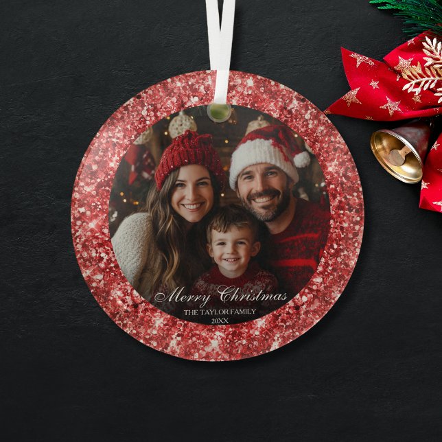 Modern Elegant Red Glitter Christmas Family Photo Glass Tree Decoration (Creator Uploaded)