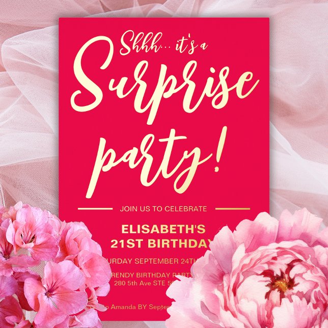 Modern Elegant Red&Gold 21st Surprise Birthday  (Creator Uploaded)