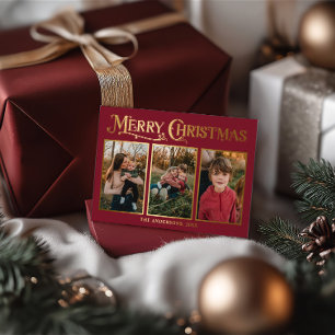 Modern Elegant Red & Gold Christmas 3 Photos Foil Holiday Card