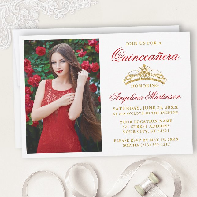 Modern Elegant Red Gold Crown Photo Quinceanera Invitation (Customize to change text size, style, color or to add text or more photos to back of card.)