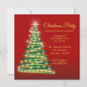 Modern Elegant Red Gold Green Christmas Tree Party Invitation