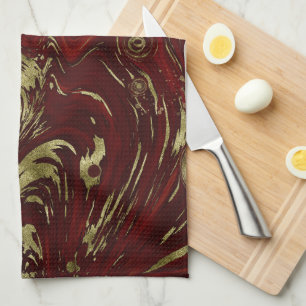 Modern Elegant Red & Gold Marble Swirl  Tea Towel