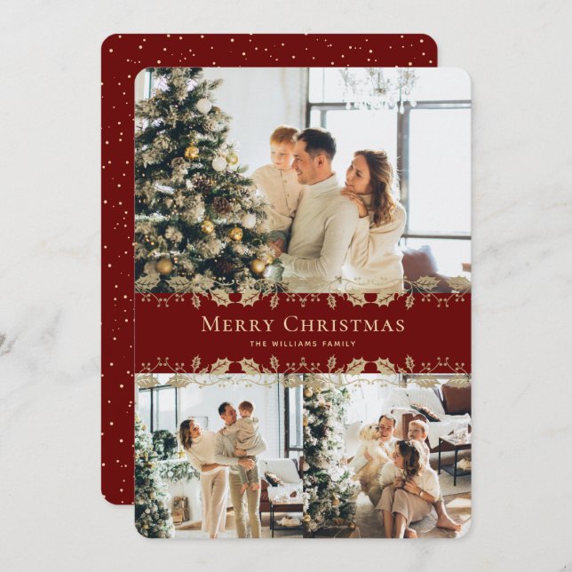 Modern Elegant Red Gold Photo Merry Christmas Holiday Card (Front/Back)