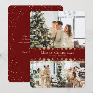 Modern Elegant Red Gold Photo Merry Christmas Holiday Card