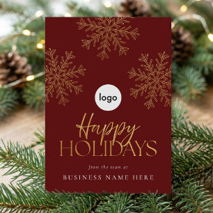 Modern Elegant Red Gold Snowflake Business Holiday Card