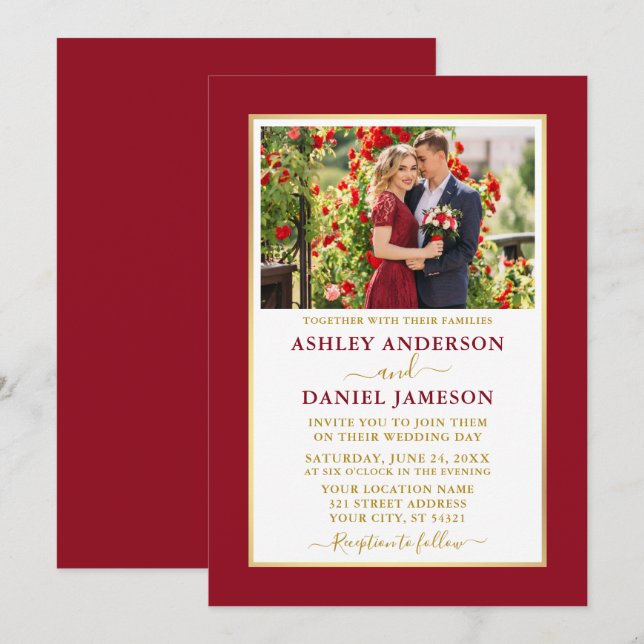 Modern Elegant Red Gold Wedding Invitation (Front/Back)