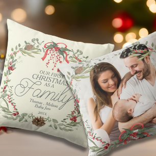 Modern Elegant Red Green Christmas Floral Wreath  Cushion