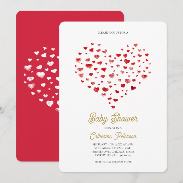 Modern Elegant Red Hearts Baby Shower Invitation (Front/Back)