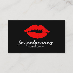 Modern Elegant Red Lips Makeup Artist Plain Black Business Card