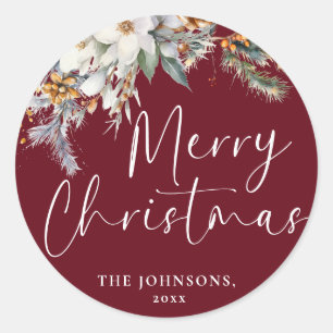 Modern Elegant Red Merry Christmas Botanical Classic Round Sticker