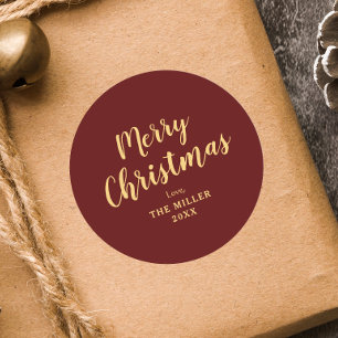 Modern Elegant Red Merry Christmas Family  Classic Round Sticker