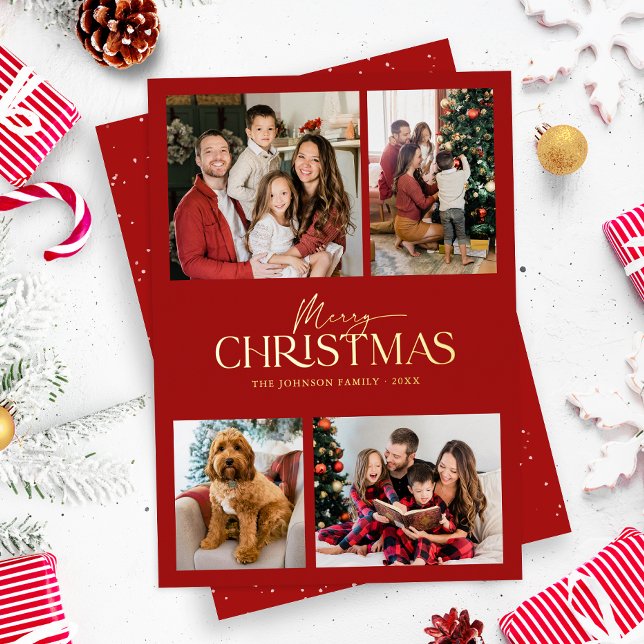 Modern Elegant Red Merry Christmas Family Photo  Foil Holiday Card (Modern elegant red and gold foil typography photo collage christmas holiday card)