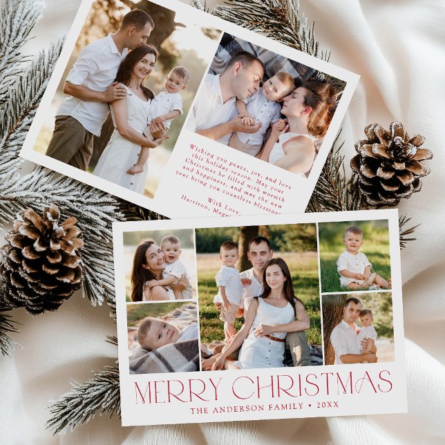 Modern Elegant Red Merry Christmas Photo Collage Holiday Card (Creator Uploaded)