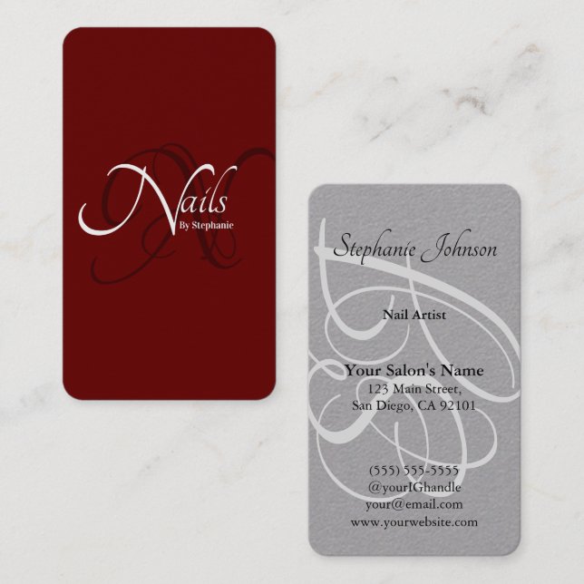 Modern Elegant Red Monogram Typography Nail Artist Business Card (Front/Back)