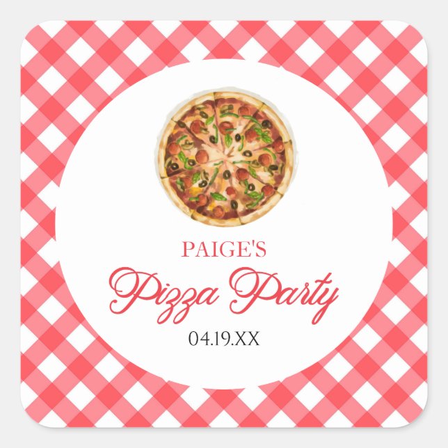 Modern Elegant Red Pizza Party Birthday Party Square Sticker (Front)