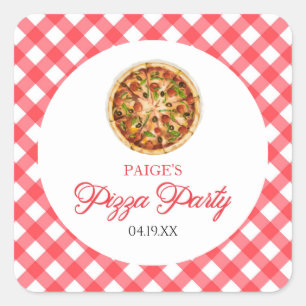 Modern Elegant Red Pizza Party Birthday Party Square Sticker