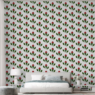 Modern Elegant Red Roses & Green Holly Pattern Wallpaper