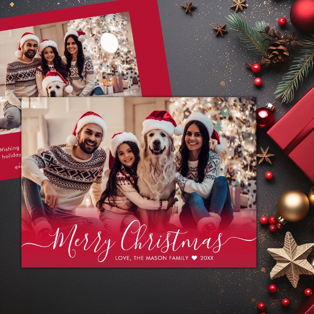 Modern Elegant Red Script 2 Photo Christmas Holida Holiday Card (Creator Uploaded)