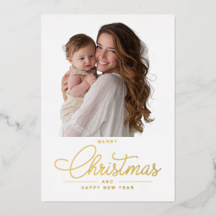 Modern Elegant Red Script Photo Merry Christmas Foil Holiday Card