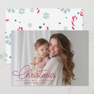 Modern Elegant Red Script Photo Merry Christmas Holiday Card