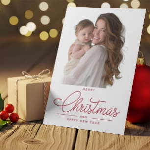 Modern Elegant Red Script Photo Merry Christmas Holiday Card