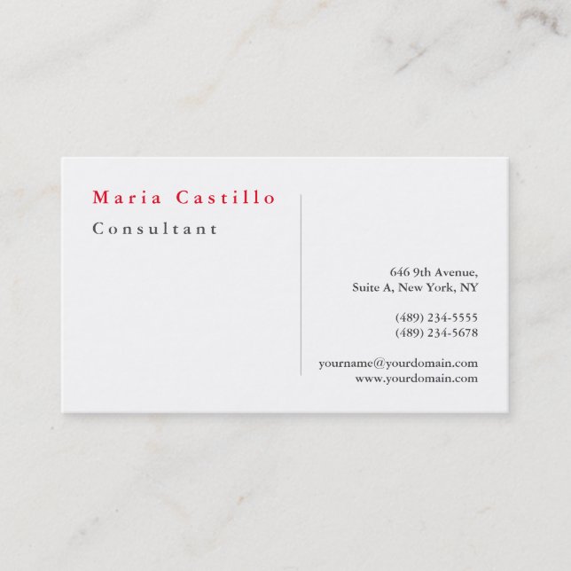 Modern Elegant Red White Minimalist Plain Business Card (Front)