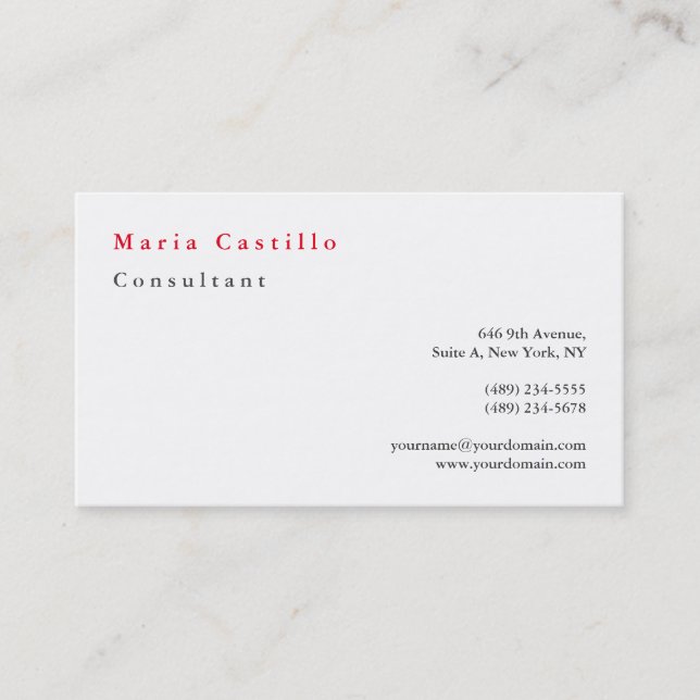 Modern Elegant Red White Minimalist Plain Business Card (Front)