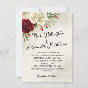 Modern Elegant Red White Roses Wedding Invitation