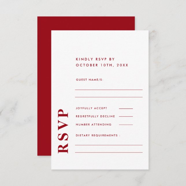 Modern Elegant Red & White Simple Wedding  RSVP Card (Front/Back)