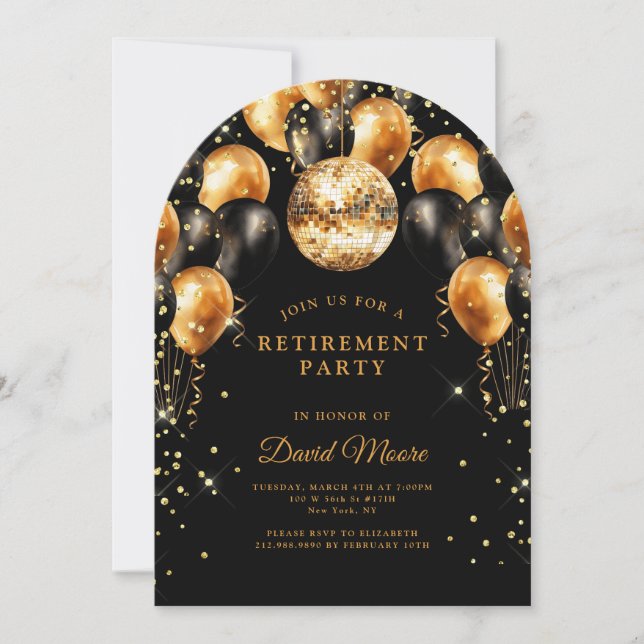 Modern Elegant Retirement Party Black Gold Glitter Invitation (Front)