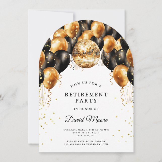 Modern Elegant Retirement Party Black Gold Glitter Invitation (Front)