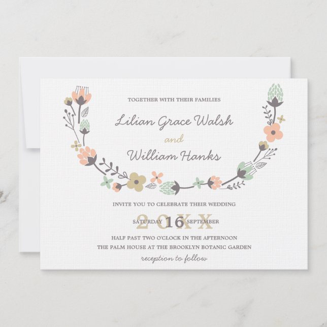 Modern Elegant Retro Floral Wreath Wedding Invitation (Front)