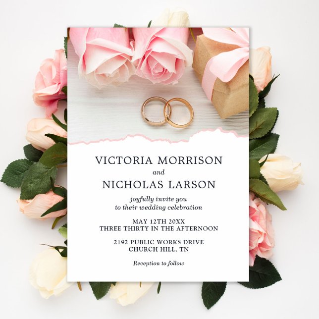Modern Elegant Rings with Roses Wedding Invitation (Creator Uploaded)