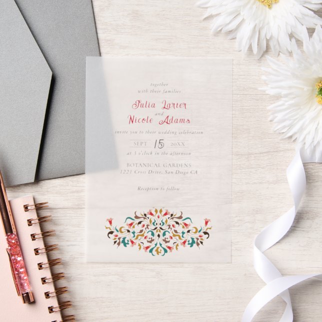 Modern Elegant Romantic Floral Wreath Wedding Vellum Invitations (Wedding)