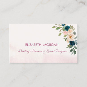 Modern Elegant Romantic Watercolor Blue Flowers Business Card