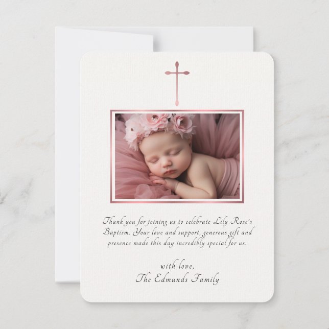 Modern Elegant Rose Gold Baptism  Thank You Card (Back)