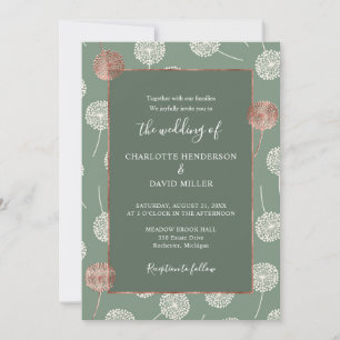 Modern Elegant Rose Gold Dandelion Green Wedding Invitation