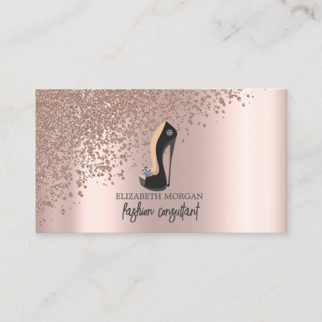 Modern Elegant  Rose Gold Diamonds,Black High Heel Business Card (Front)