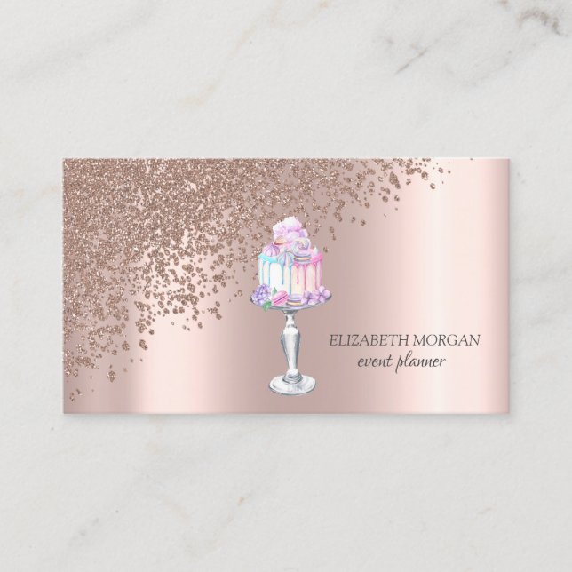 Modern Elegant Rose Gold Diamonds Cake Sweets Business Card (Front)