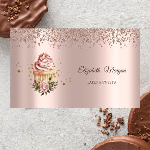 Modern Elegant Rose Gold Diamonds Floral Cupcake Business Card