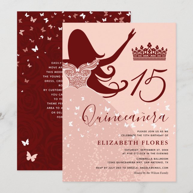 Modern Elegant Rose Gold Floral Pink Quinceanera Invitation (Front/Back)