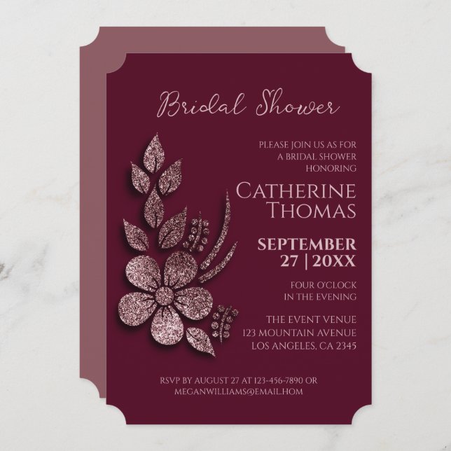 Modern Elegant Rose Gold Glitter Floral & Burgundy Invitation (Front/Back)