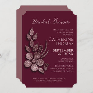 Modern Elegant Rose Gold Glitter Floral & Burgundy Invitation