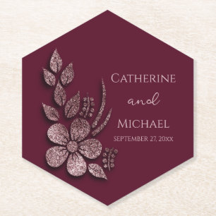 Modern Elegant Rose Gold Glitter Floral & Burgundy Paper Coaster