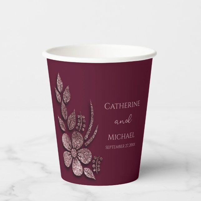 Modern Elegant Rose Gold Glitter Floral & Burgundy Paper Cups (Front)