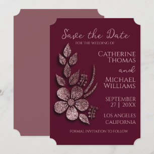 Modern Elegant Rose Gold Glitter Floral & Burgundy Save The Date