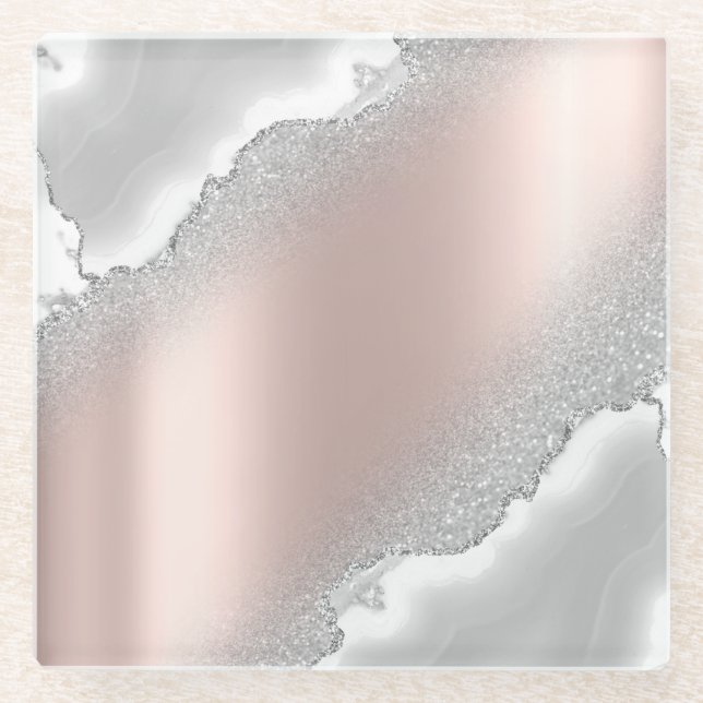 Modern Elegant Rose Gold Glitter Silver Marble   Glass Coaster (Front)