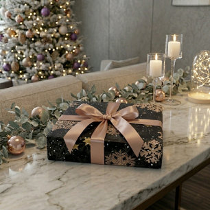 Modern Elegant Rose Gold Glitter Snowflakes Black Wrapping Paper